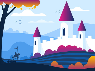 Castle on a hill armor armour background banner battle castle hero hill horse horseback illustration kingdom knight landscape medieval rider riding scene shield vector