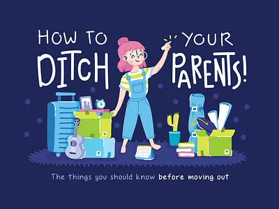 Cover Book "How to Ditch Your Parents!" book character cover girls human illustration moving out people room teen teenagers vector