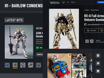 Gunpla Gallery: Style Exploration blue build dark interface dark mode dark ui gray gundam gunpla ui ui design yellow