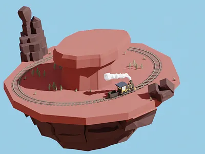 Desert island train 3d artist belnder3d belnderartist blender blender3dart blenderender cactus desert illustration island isometric lowpoly lowpolyart lowpolygon rocks steam sunny train travelling