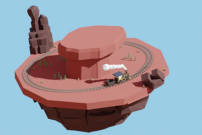 Desert island train 3d artist belnder3d belnderartist blender blender3dart blenderender cactus desert illustration island isometric lowpoly lowpolyart lowpolygon rocks steam sunny train travelling