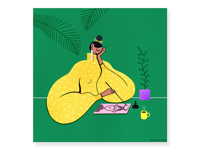 Self Portrait curvy desk illustration ink painting plants procreate selfportrait