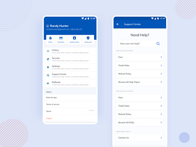 Crypto Trading App - Profile & Settings crypto crypto wallet cryptocurrency help profile profile page settings settings ui support page