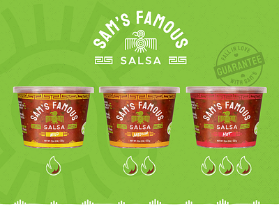 Sam's Famous Salsa :: Packaging addictive bird deli family history food fresh heat label logo package packaging produce salsa spicy stores traditional tub vibrant