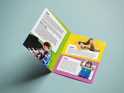 Brochure Design branding bright brochure brochure design design design mockups guitar illustration mockup music music lessons music school paper cutouts piano print design voice