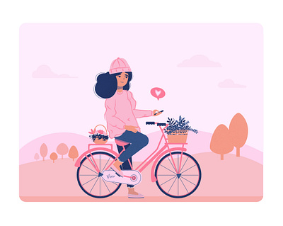 A message for you - Bicycle girl background bicycle character design design flat design flat illustration flowers girl heart illustration meassage nature phone pink tree vector artwork