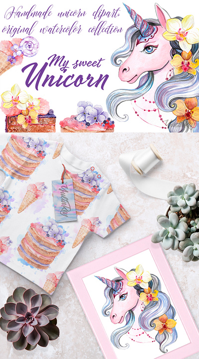 "My sweet unicorn" handpainted watercolor clipart clip art clipart design illustration typography unicorn watercolor watercolor art