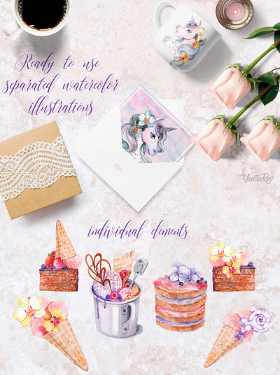 "My sweet unicorn" handpainted watercolor clipart cake cake shop clip art clipart design illustration sweets typography unicorn watercolor watercolor art