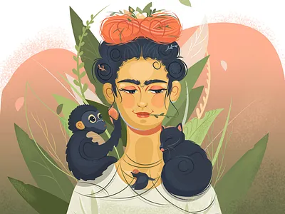 Frida Kahlo cat forest girl girl with animals illustration monkey vector illustration