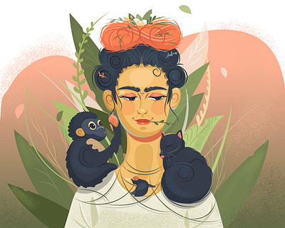 Frida Kahlo cat forest girl girl with animals illustration monkey vector illustration