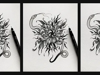 Snake & Chrysanthemum black and white by hand chrysanthemum dotwork drawing drawing ink etching flower drawing flower illustration illustration ink drawing linework pen drawing snake snake illustration stippling tattoo tattoo design