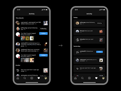 Instagram Activity Section Redesign (Free source) app cards clarity dark design dribbble instagram ios mobile social social media ui ux