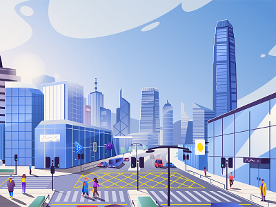 Hong Kong blue boy building business character city color girl hongkong house illustration job man scene shop shopping sky sunny traffic woman