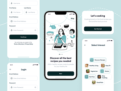 Recipely - Sign Up Flow app cooking delivery design food healthy interest login meal minimal mobile moden modern nutrition onboarding recipe register ui ui design ux