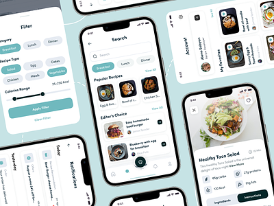 Recipely - Search, Notification, Account, Filter and Food Detail account app checkout cooking delivery design filter food healthy homepage meal minimal mobile modern nutrition payment recipe search ui ux
