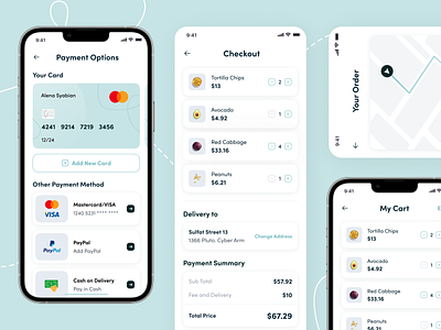 Recipely - Checkout Flow app card cart chechout cooking delivery design food healthy map meal minimal mobile modern nutrition order payment recipe ui ux