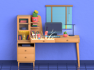 Through time and space 3d 3d art c4d cute desk doraemon illustration magic office render room stars through time machine