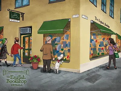 Postcard for bookshop bookstore digital dog girl illustration mailer people postcard shop street