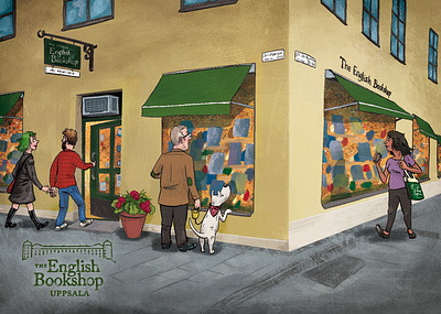 Postcard for bookshop bookstore digital dog girl illustration mailer people postcard shop street