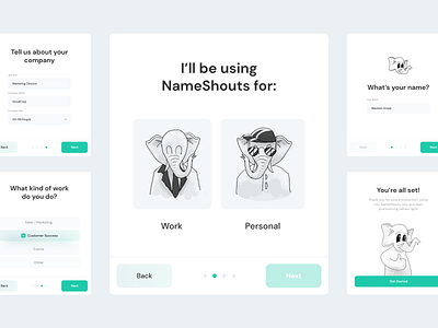 NameShouts - Onboarding character elephant illustration interface layout nameshouts onboarding ui ux web website www