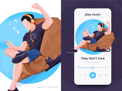 Music App / Music Player and Illustration app beats cat design digital art digital illustration enjoy human illustration listening mobile app music music app music player play music player song ui ux vector