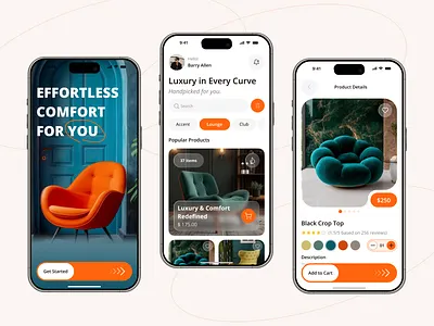 LuxeSeat – Elevating Comfort with Style app app design chair e commerce app figma design furniture app ios merkateplace mobil mobile app mobile app design orange shop shopping svisual design ui ui design uiux design ux ux design