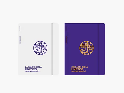 ZŠ UNESCO identity badge branding branding and identity circle logo icon identity invert linear linear icons logo logodesign minimal monolinear notepad owl owls purple stationary visual identity