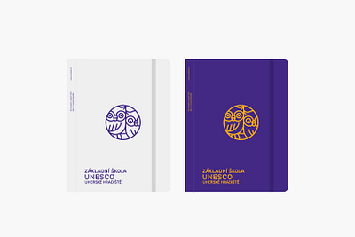 ZŠ UNESCO identity badge branding branding and identity circle logo icon identity invert linear linear icons logo logodesign minimal monolinear notepad owl owls purple stationary visual identity