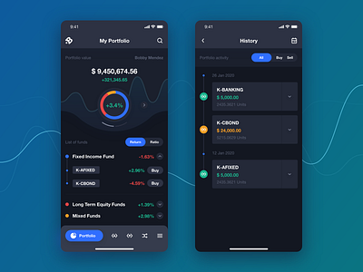 Funds app design concept app concept bank card chart circle graph flat funds graph interaction invest investment line chart mobile app money money app onboarding portfolio ring chart stock