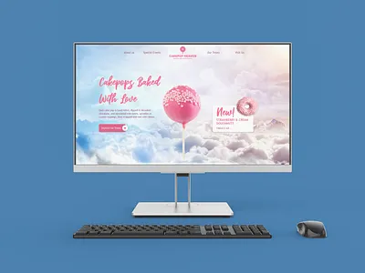 Cakepop Heaven Home Page Mockups above the fold branding cake cake shop cakepop clouds cotton candy doughnut doughnuts identity illustration mockup mockups monitor pastry splashpage ui ux website