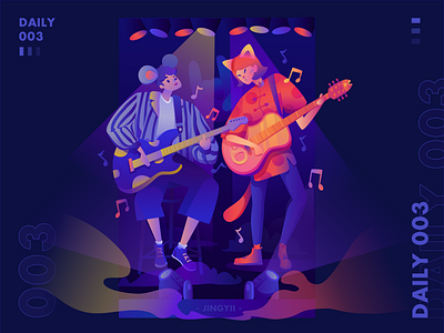 Jingyii's Daily 003 band boy cat daily girl guitar illustration mouse music night practice