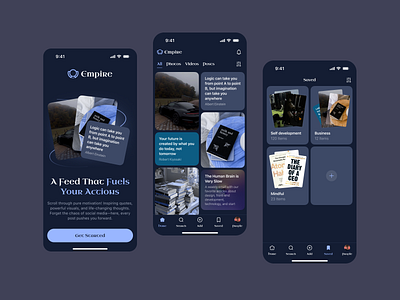 Empire - Motivating Gallery Mobile App UX/UI app blue dark design discipline habit instagram life minimal mobile app mobile application motivating pinterest premium progress social network ui ux web