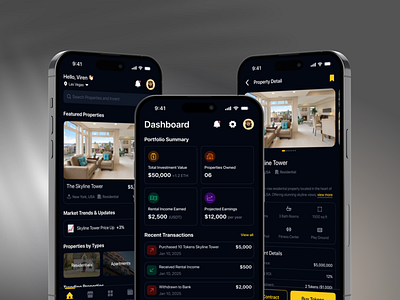 EstateChain – Real Estate Tokenization Mobile App amenities app crypto curriency dark dashboard detail screen earning home icons mobile payment property real estate tokenization transaction ui ux web3