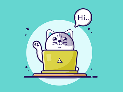 Working Cat computer flat illustration landscape laptop lineart vector work workspace