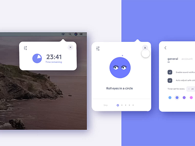 👀Eye Health Widget: Hover Trigger animation blink card carousel desktop eye eyeballs eyes flat freelance hover learn livestream prototype purple time timer ui vision widget