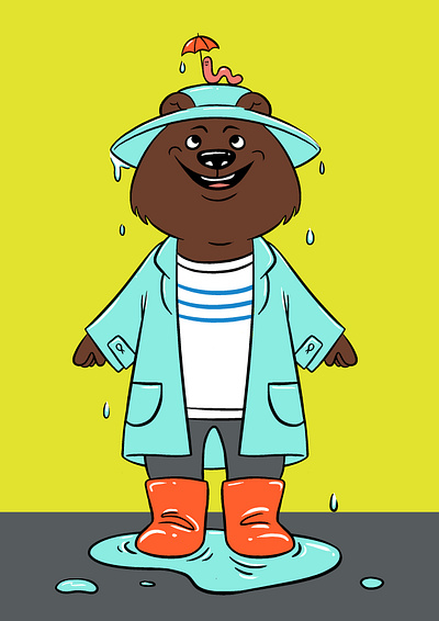 Rainy day friends animal illustration bear bear illustration bears childrens illustration cute digital illustration illustration rain raincoat umbrella weather worm