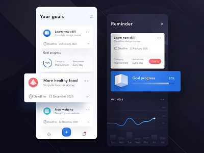 Goals mobile app design ⭐️ 3d android app card chart clean dark dashboard goals icon illustration landing line list menu mobile profile shape ui website