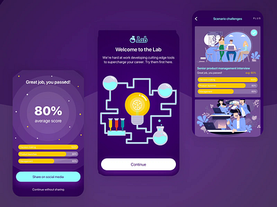 Knowledge Officer - The Lab animation animation design app dark mode dark ui edtech illustration interface lab learning learning app mobile app mobile app design mobile ui product design quizz science lab test ui ux