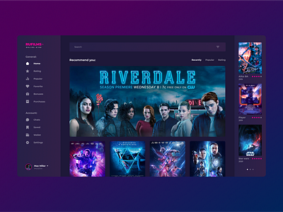 ONLINE CINEMA DARK UI | 1 DAY = 1 SITE (CHALLENGE) 2020 trend black blue brutalism concept dark app dark ui desktop app figma films flat grid minimalism neon sign online purple sketch ui ux webdesign