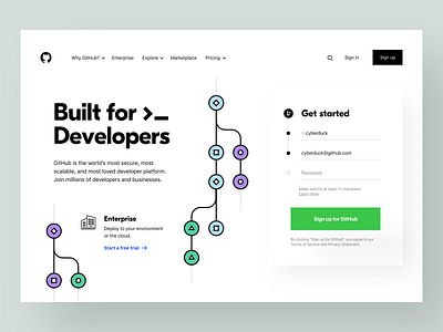 GitHub: Homepage branch cloud computing collaboration dev developer developer tools enterprise form git github landing landing page platform product design product page sign up site web web app website