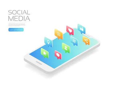 Social media app application communication community connection icon illustration internet isometric like poster share smartphone social media technology telephone ui user interface ux vector