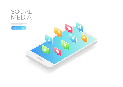 Social media app application communication community connection icon illustration internet isometric like poster share smartphone social media technology telephone ui user interface ux vector