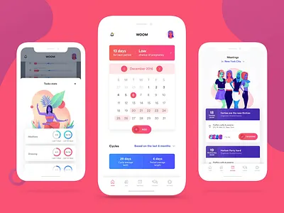 WOOM - Period Tracker app branding colors design drawing illustration meetings mobile native period tracker ui women