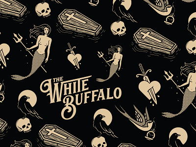 The White Buffalo - Illustration Pattern with Logotype album artwork crucifix raven bird floating coffin knife heart siren mermaid murder logo logotype branding music spot illustration the white buffalo