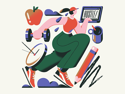 Hustle Culture character coffee drawing dumbbell exercise flat girl gradient human hustle illustration laptop pastel people retro sports texture vector woman work