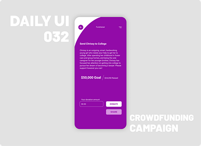 032_Crowdfunding Campaign back button campaign design color crowdfunding app daily 100 challenge dailyui donate flat fundraiser ios design menu button minimalist mobile design organic shapes soft ui