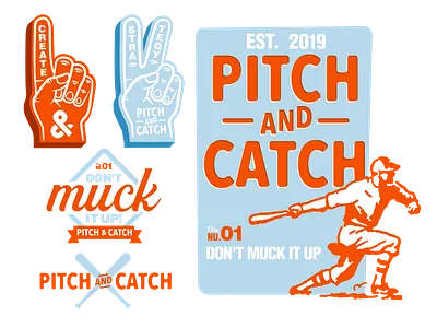 Pitch & Catch Creative Explore 2dillustration badge badge design badgelogo baseball branding foam finger icon illustration logo vector
