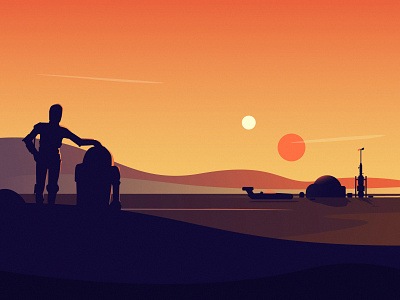 Sunset at Tatooine c3po desert fireart studio holidays illustration landscape lucasfilm r2d2 robotic robots simple star star wars sunset traveling