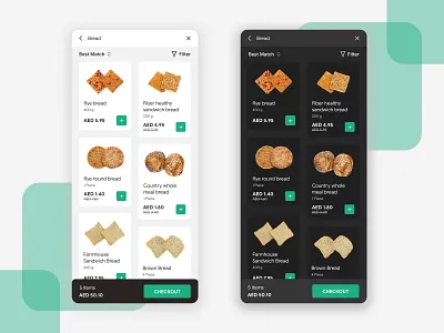 eCommerce Search Result Page Regular & Dark Mode add to cart concept design dark mode dark theme design ecommerce app grocery app ios ios app mobile app mobile app design product listing search search result search results searching shopping app