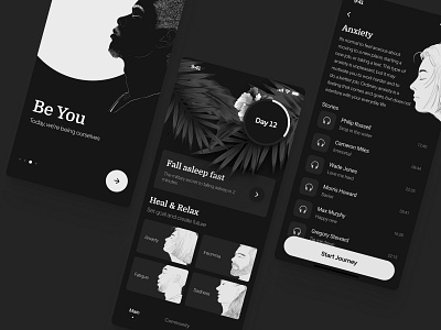 Sleeping App and More anxiety apple black design design system figma health illustration insomnia ios monochrome product sleep ui uiux ux web design